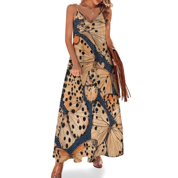 Orange Butterflies Dark Blue Background Sleeveless Dress Women's Evening Dress Womans Clothing