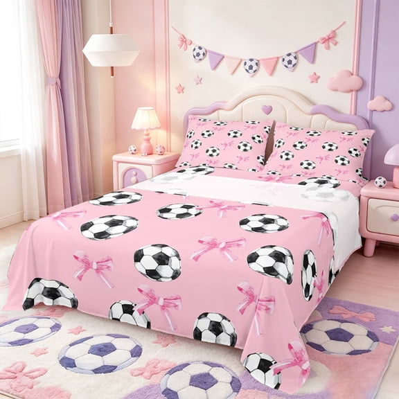 Manfei Cute Ribbon Bowtie Bed Sheets,American Soccer Full Size Sheets,4pcs,1 Flat Sheet,1 Fitted Sheet and 2 Pillowcases