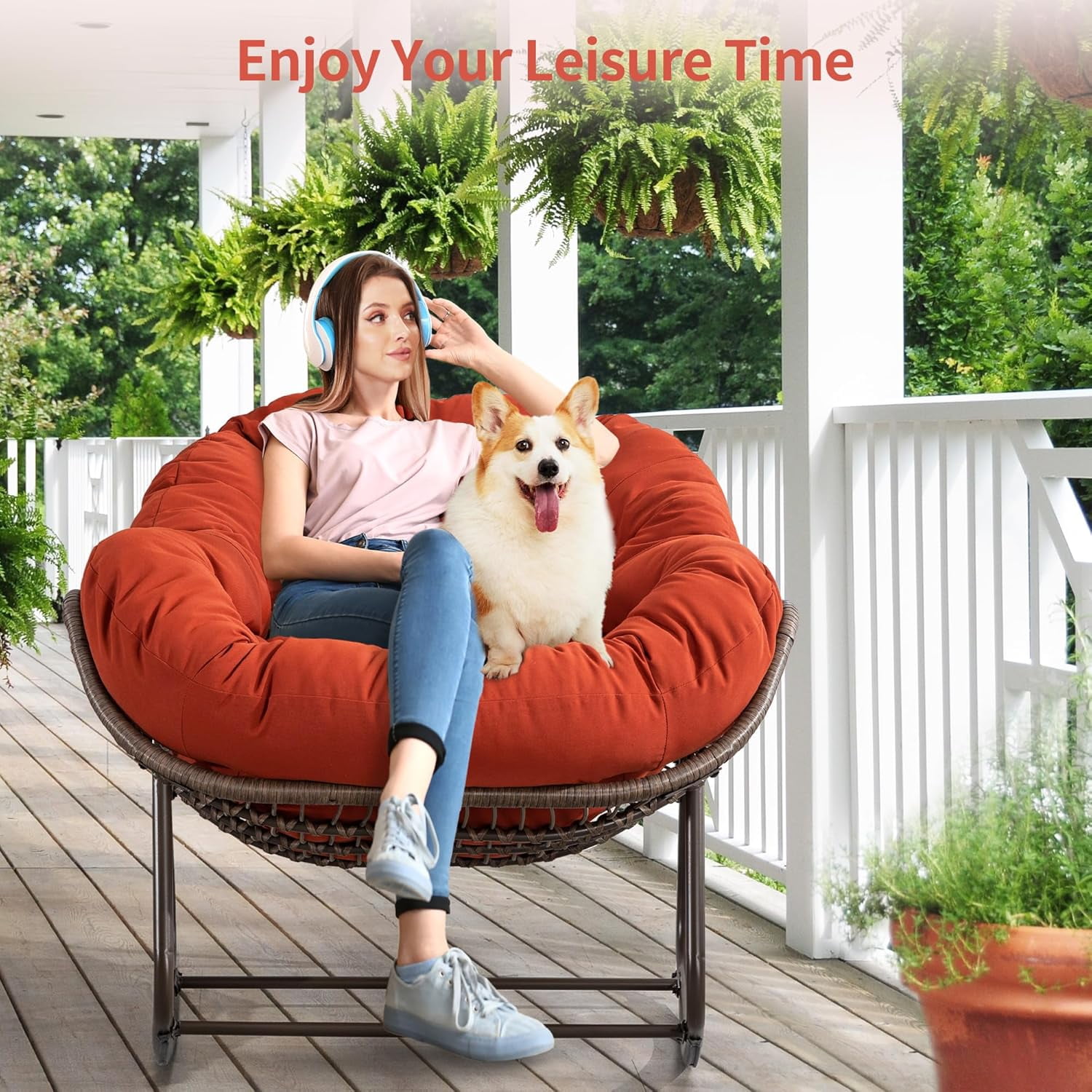 MOONMISS Outdoor Patio Rattan Oversized Rocking Chairs Set of 2 with Padded Cushion-Orange