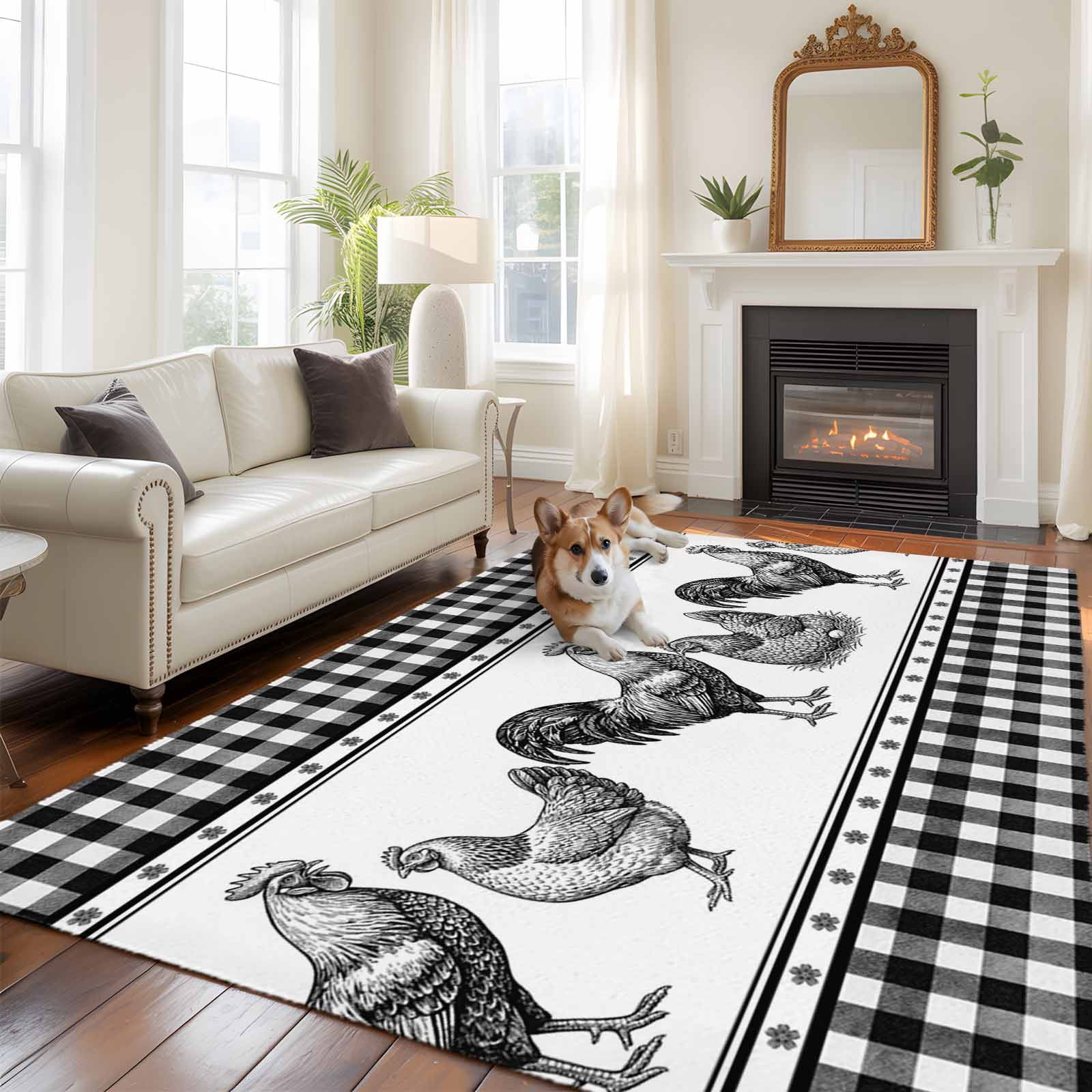 Navy Blue Rooster Area Rugs 5'x8', Washable Small Throw Rugs for Classroom Bedroom, Vintage Farmhouse Black Plaid Indoor Outdoor Rug Non-Slip Low Pile Carpet Runner Reversible Floor Mats