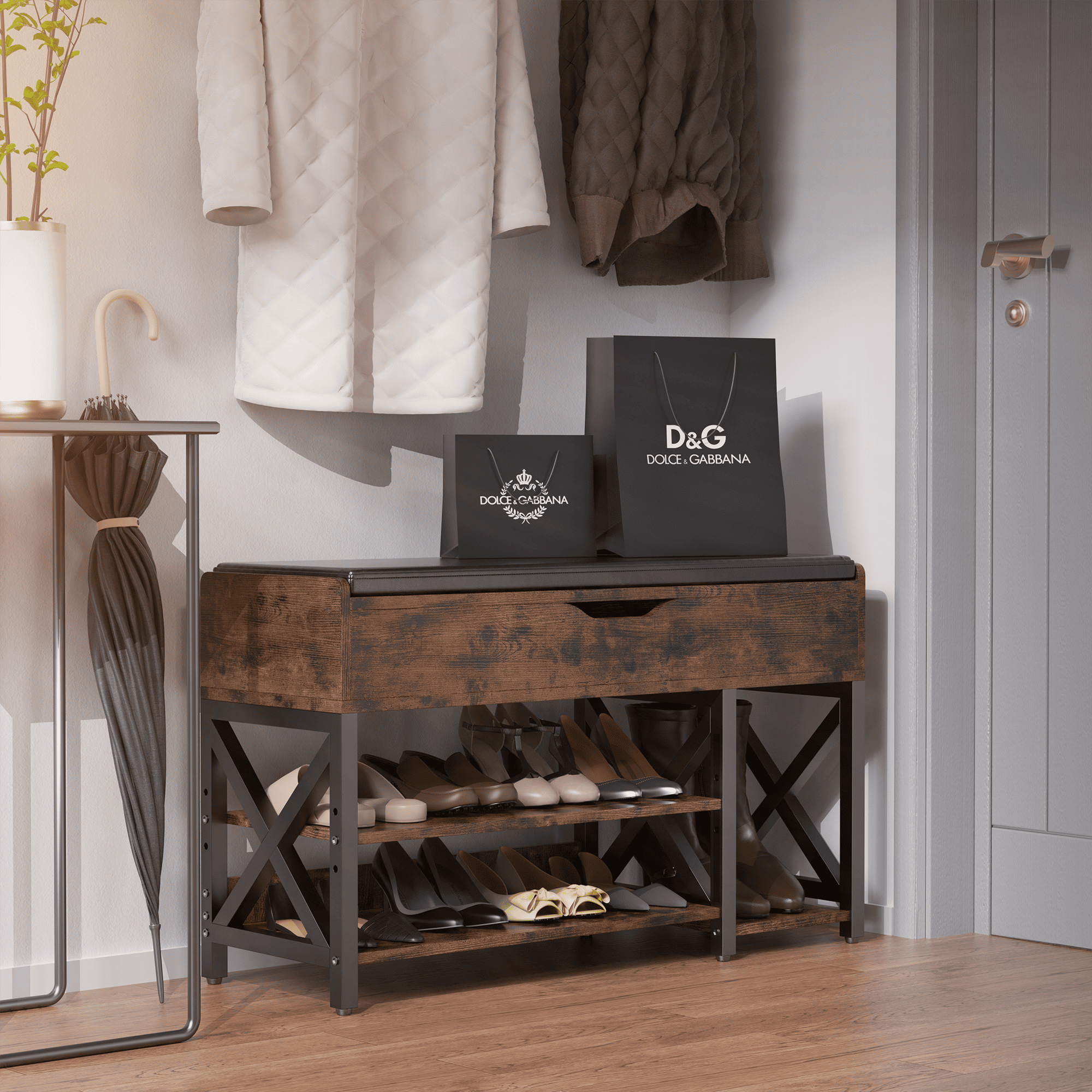 Shoe Bench, Lift Top Shoe Storage Bench, Adjustable Shelf Entryway Bench, Metal and Wood Shoe Rack Organizer with Cushion for Entry, Bedroom, Closet, Living Room, Hallway (Brown, 39.5“W)