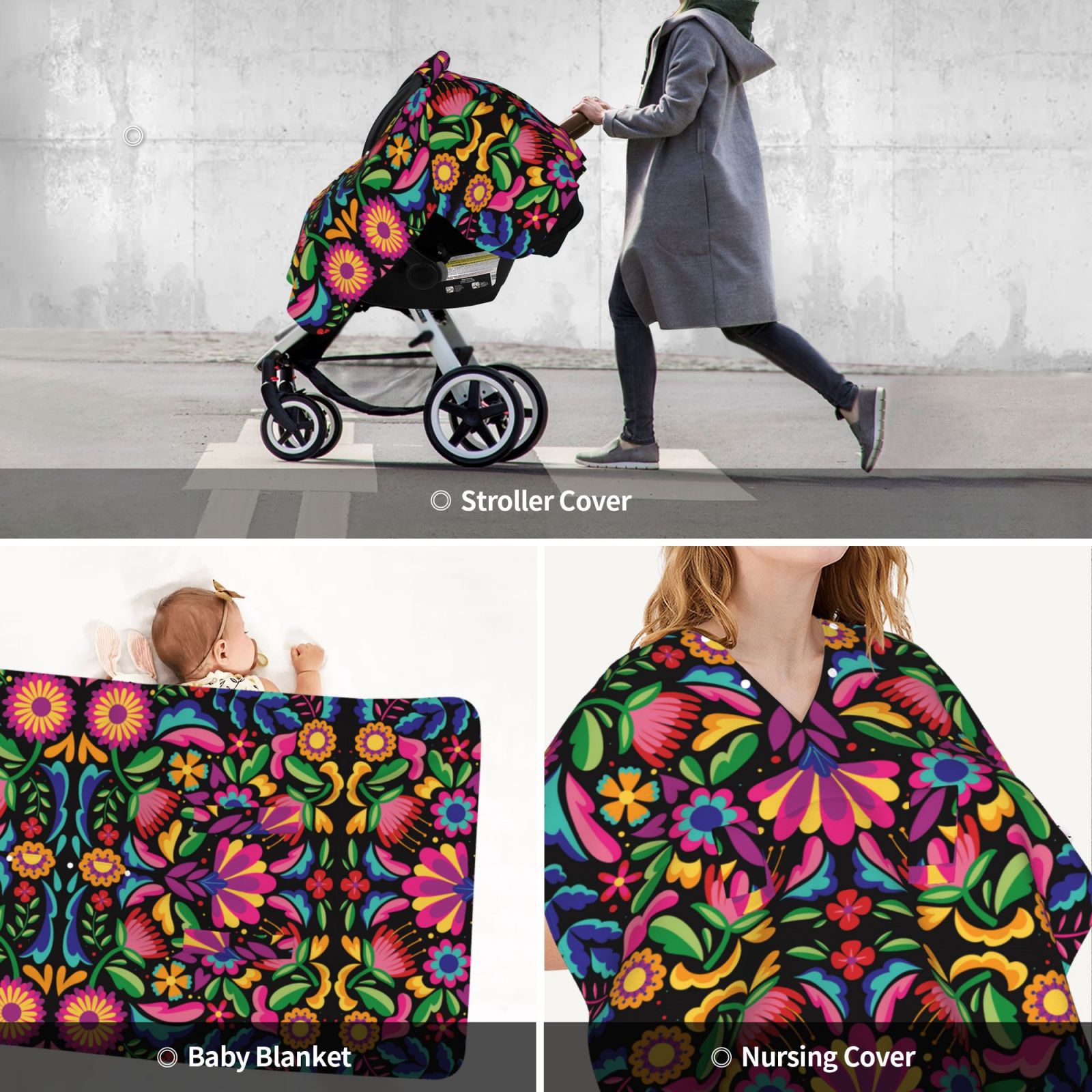 Car Seat Cover Baby - Colorful Floral Embroidery Mexican Breathable Infant Car Seat Cover for Baby Carseat, Lightweight Comfort Baby Essentials Must Haves Newborn Stuff for Girl Boy