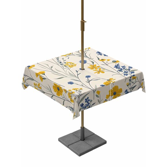 Outdoor Table Cloth with Umbrella Hole and Zipper, Spring Florals Waterproof Square Tablecloth 54"x54", Watercolor Wildflowers Botanical Herbs Washable Table Cover for Outside Party Patio Picnic