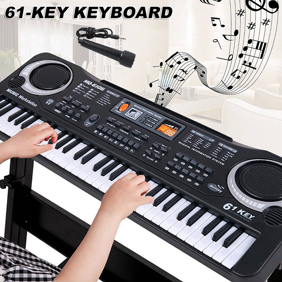 Hvxrjkn 61 Key Keyboard Piano, Digital Electronic Musical Keyboard, for Beginner Electric Piano Keyboard Set with USB cable, Microphone - Black