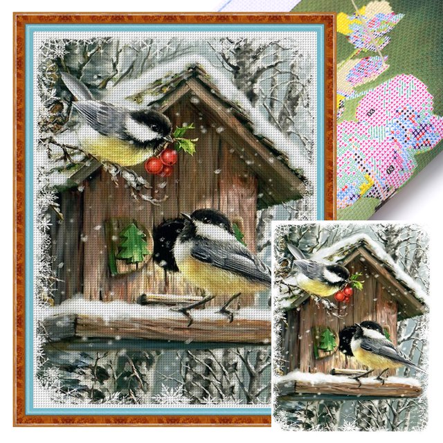Hilo Algodón Bordado Punto Cruz Con Navideño Pájaros Nevados 11CT 40x55cm
