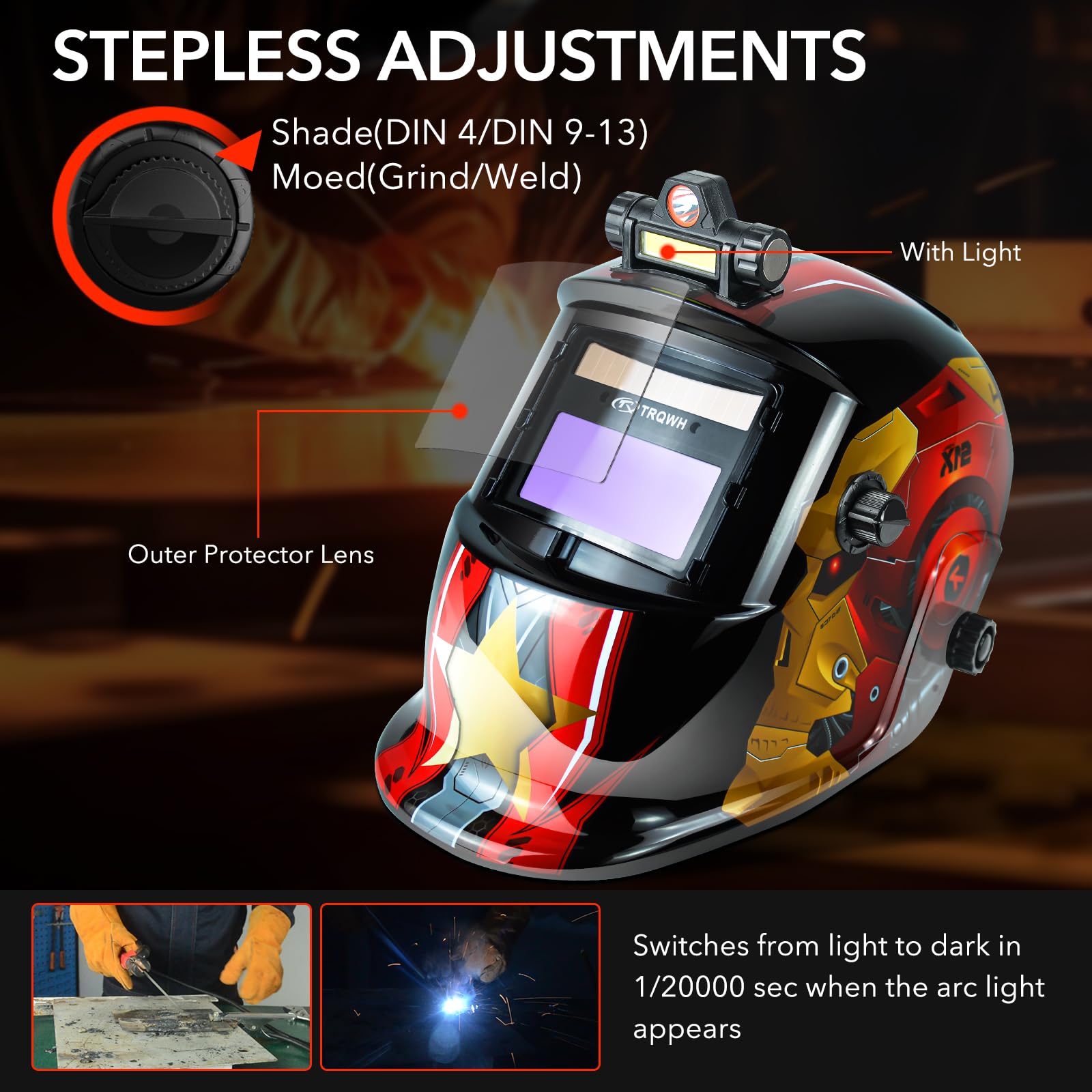 TRQWH Welding Hood Auto Darkening Welding Helmet with Light True Color 1/1/1/2 Top Optical Clarity Wide Shade 9-13 Welding Mask with Grinding Weld Helmet (KTS-HD94)
