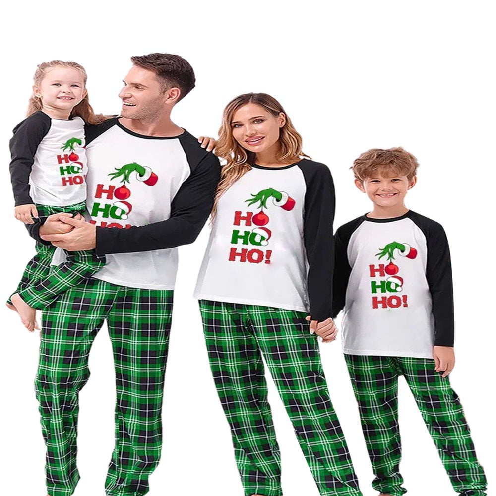 TIMIFIS Pyjamas De Noël Assortis Pour La Famille Col Rond Père Noël Renne Avec Haut à Lettres Et Pantalon à Carreaux Vêtements De Détente De Vacances De Noël