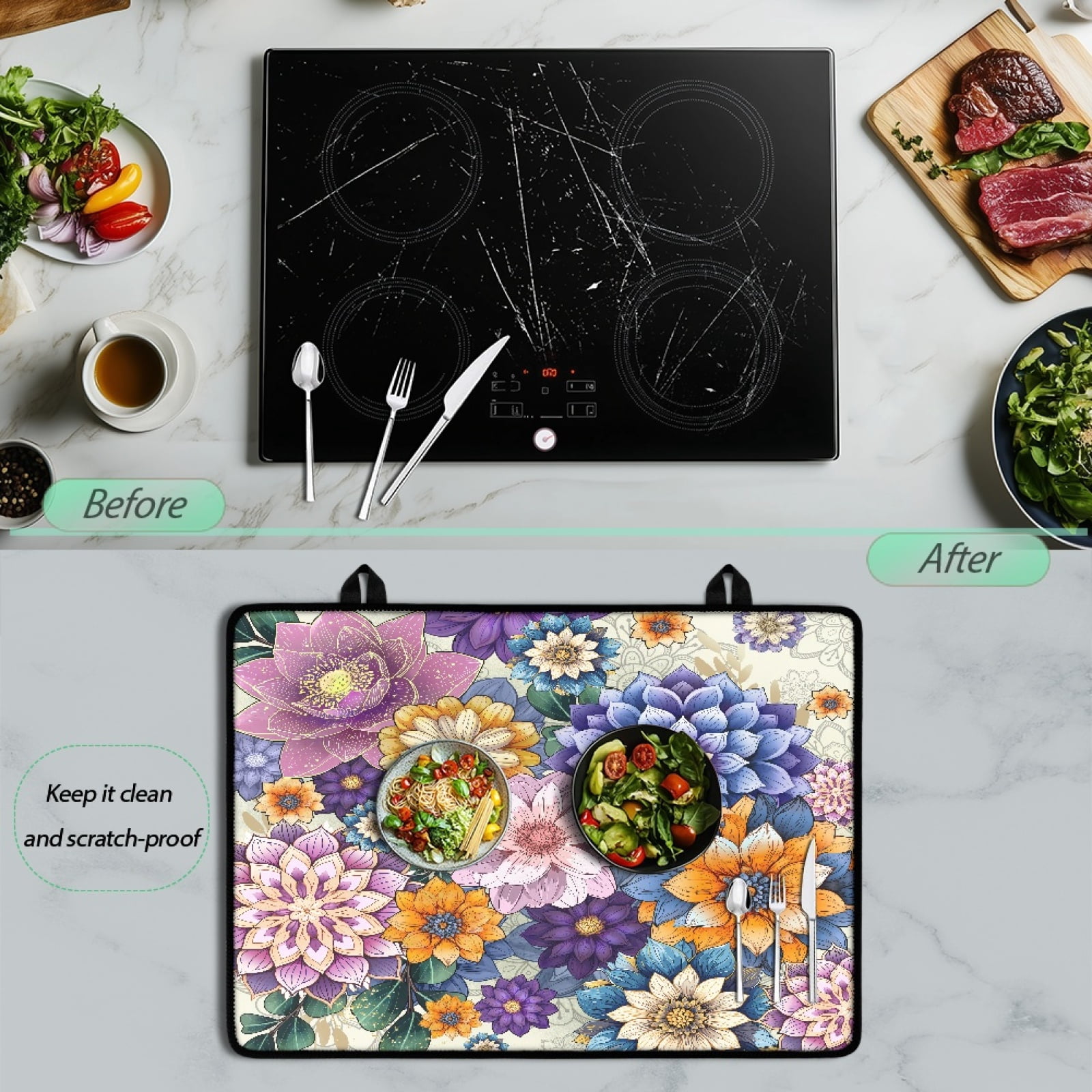 Renewold Stove Cover for Glass Top Stove, Scratch Resistant Stove Top Cover Heat Resistant Foldable Cooktop Cover Extra Counter Space, 29 x 21 Inch, Bohemian Flower Pink Yellow