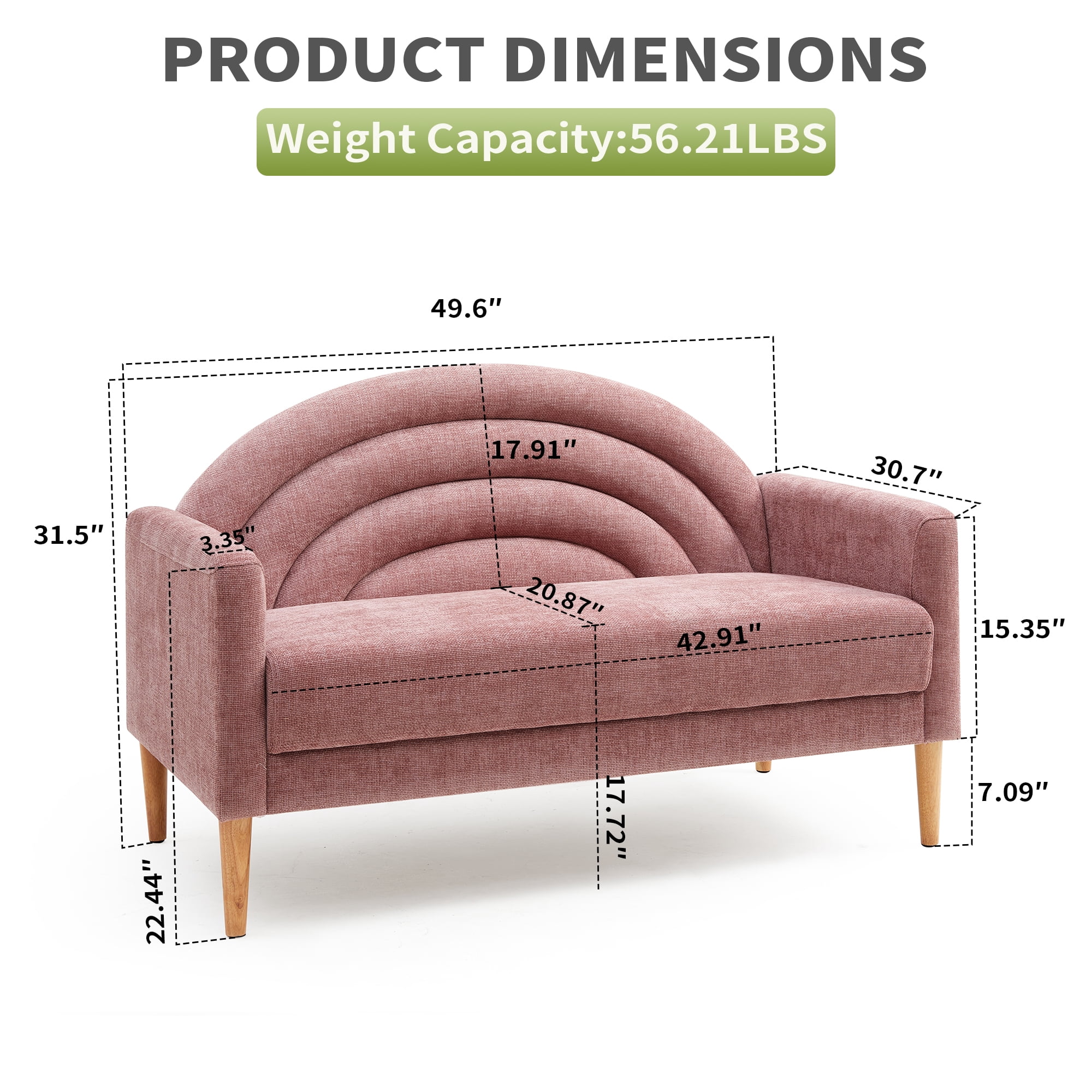 Loveseat Sofa for Small Spaces,49.6" Mid-Century Modern Linen Small Couch with Arched Backrest,2-Seater Upholstered Settee,600 lbs Capacity,Pink