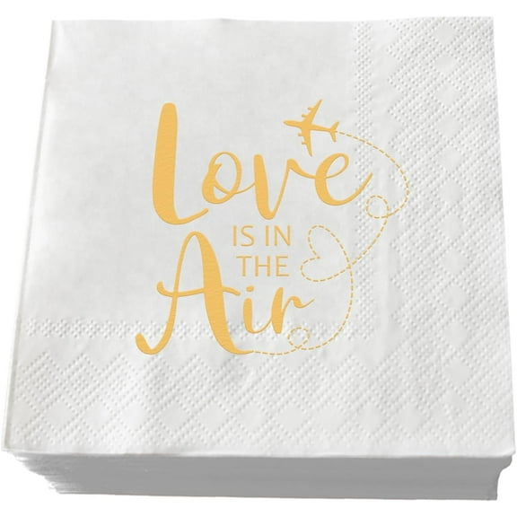 20pcs Love is In the Air Napkins Gold Foil and White Wedding Napkins Airplane of Paper Bar Berverage Cocktail Napkins for Wedding Engagement Bachelorette Bridal Shower Party Decorations 3 Ply 5"x5"