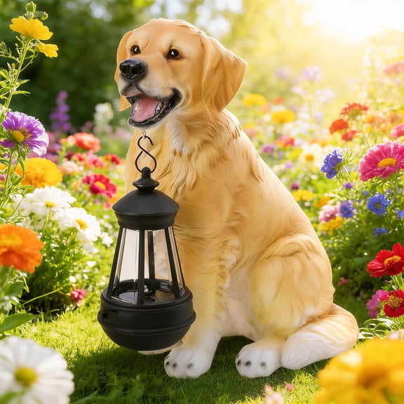 11.4 inch Dog Garden Statue with Solar Lantern,Golden Retriever,Resin Statue,Decor for Patio, Lawn & Outdoor Spaces
