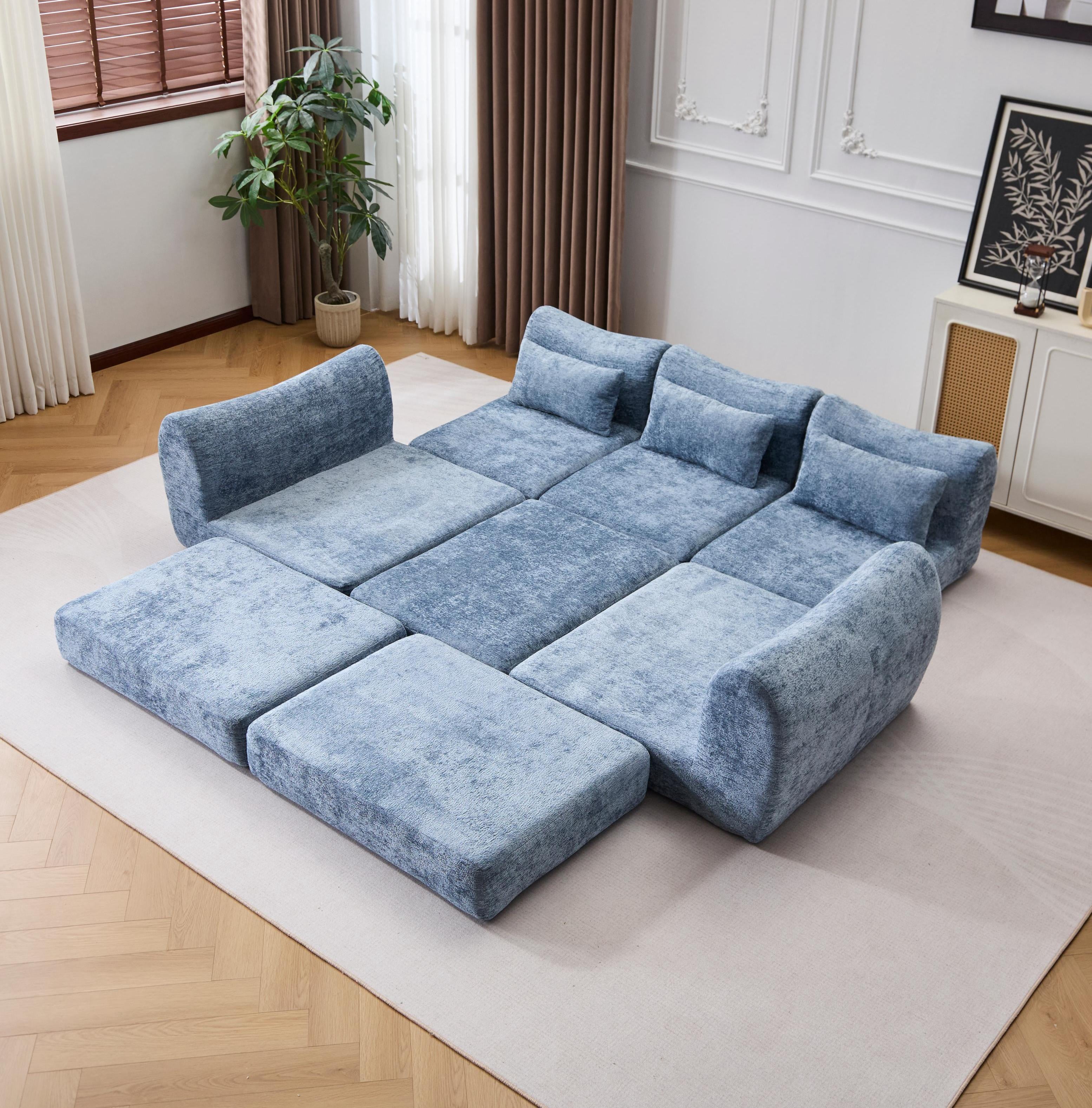 BSHTI Foldable Wave Star Modular Sofa, Chenille Fabric, 4-in-1 Modern Couch for Living Room, Modular Sectional Sofa with Chaise, Free Combination 3 Seater Sofa, Blue