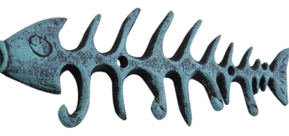 CAST IRON FISH Bones Wall Hook Key Hat Coat Rack Holder Skeleton Nautical Decor 