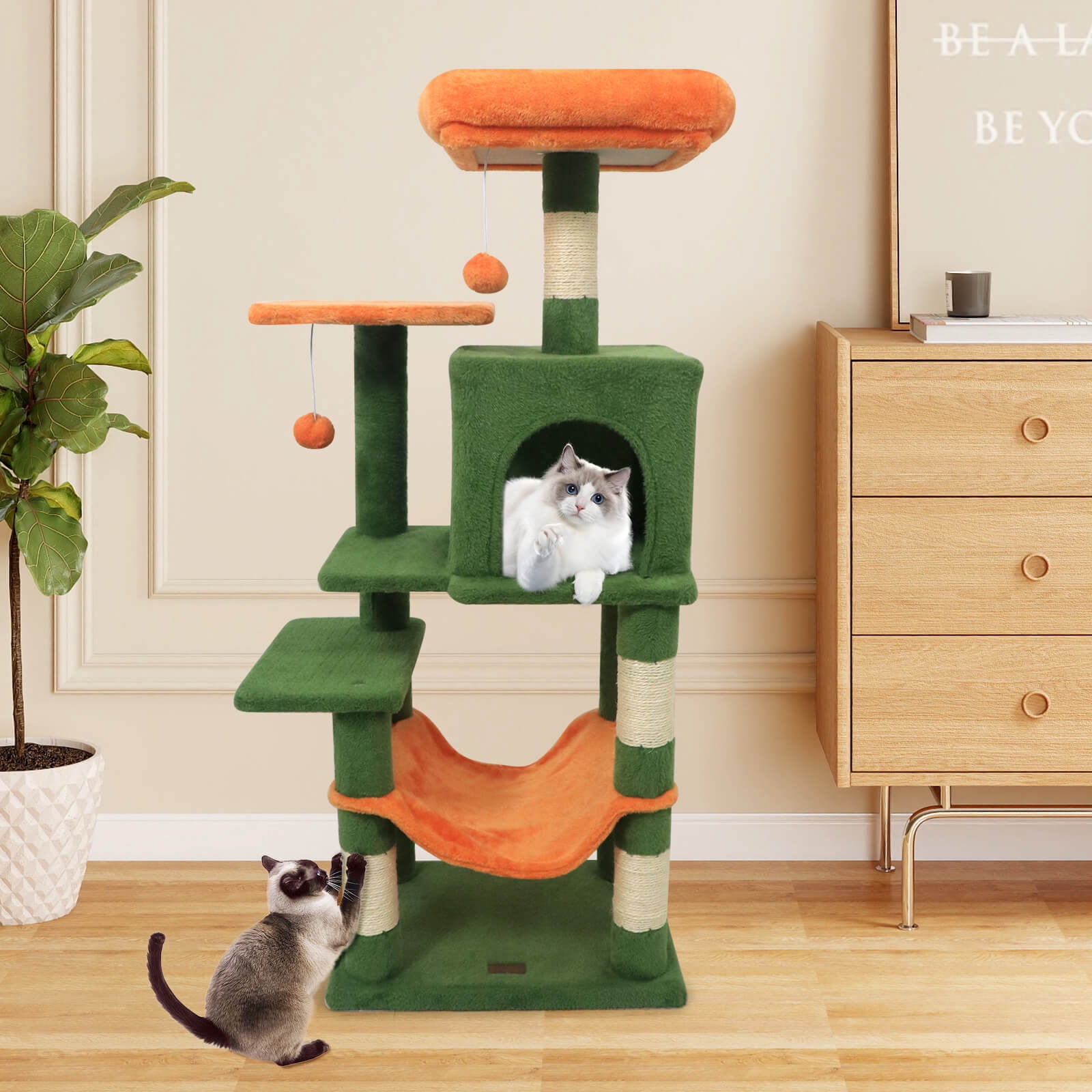 Costway 44” Tall Multi-level Cat Tree, Modern Cat Tower with 2-Entrance Large Cat Condo Green Orange