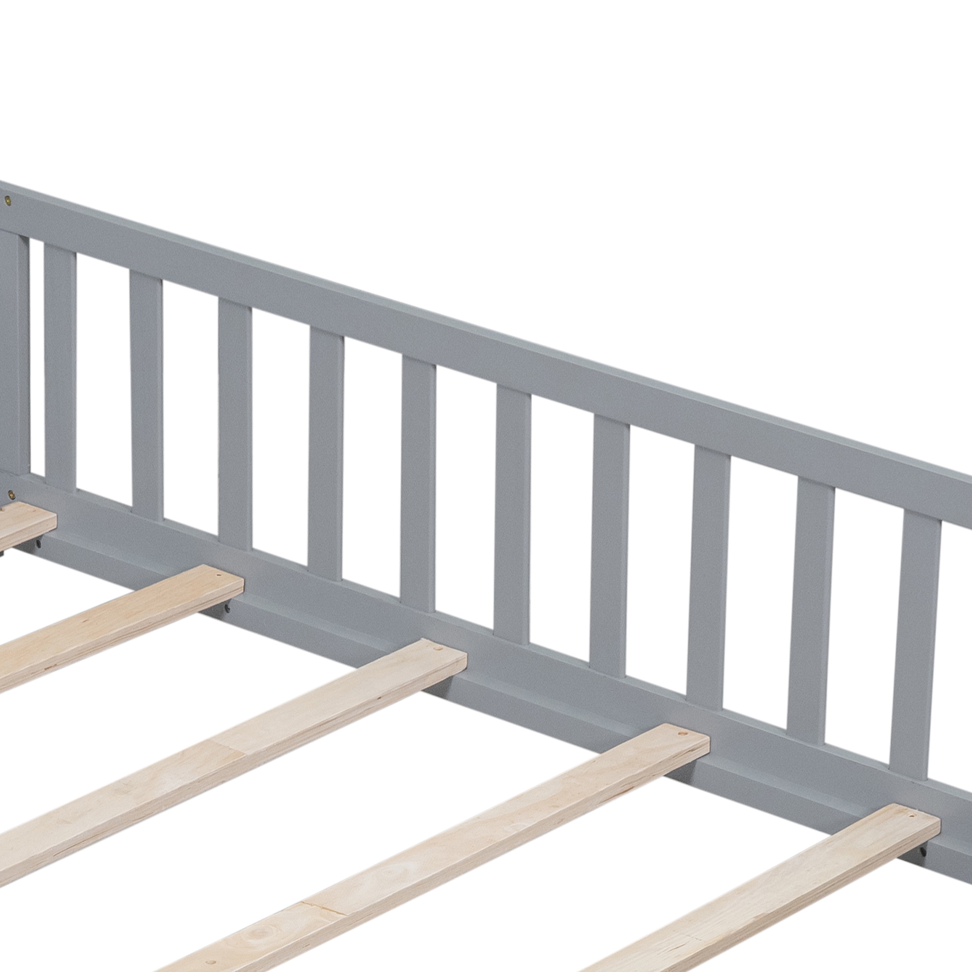 Full Size Floor Platform Bed with Fence and Door for Kids, Montessori Floor Bed Frame with Support Slats for Toddlers, Wooden Floor Bed