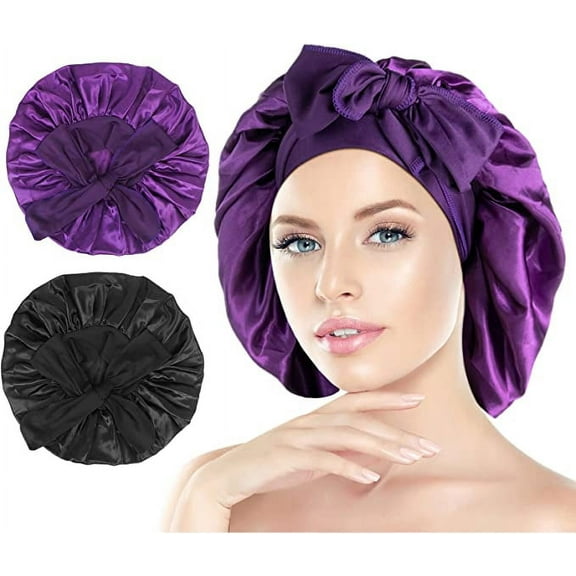 Homelove [Pack of 2 Satin Sleeping Bonnet, Large Satin Sleep Bonnet with Long Strap, Adjustable Sleep Cap Hair Bonnet for Women & Men, Black Purple