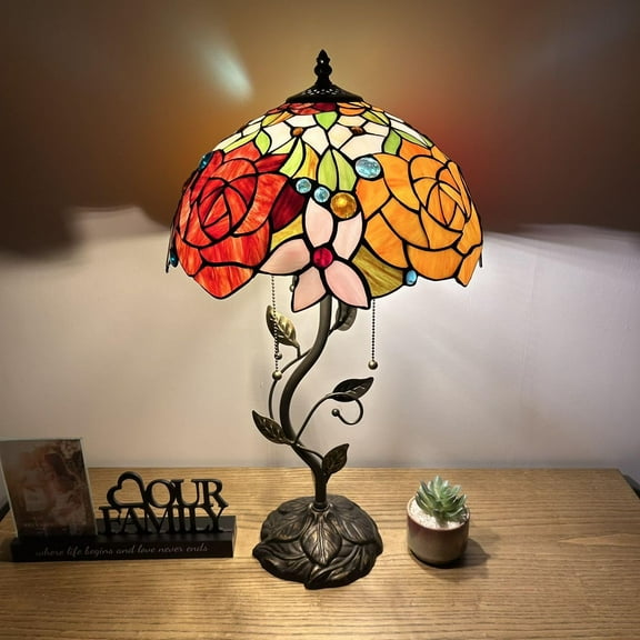 Tiffany Table Lamp Red Orange Stained Glass Rose Flowers Iron Metal Leaves Bronze Base LED Bulbs Included for Living Room Bedroom Bedside 14"W*14"D*24"H