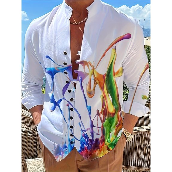Mens Long Sleeve Shirts Casual, Summer Long Sleeve Button Down Polyester Lightweight Henley Shirts Regular Fit for Work, Wedding, Party, or Daily Outfits Multicolor A 3XL