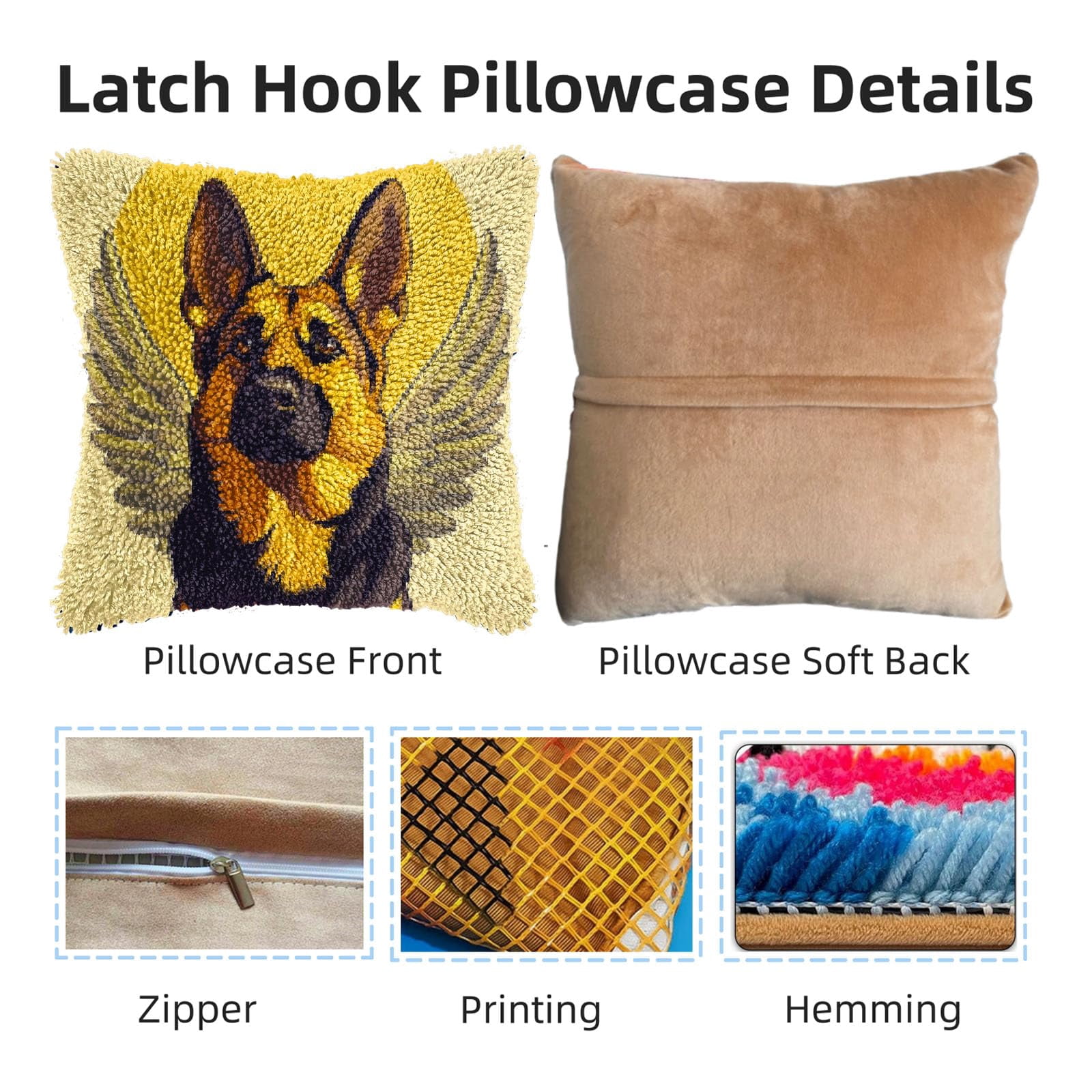 DIY Latch Hook Pillow Kits for Adults German Shepherd with Angel Wing Printed Pillowcase Crochet Yarns Hooking Handmade Pillow Cover Cushion for Home Sofa Decoration 17x17inch-4