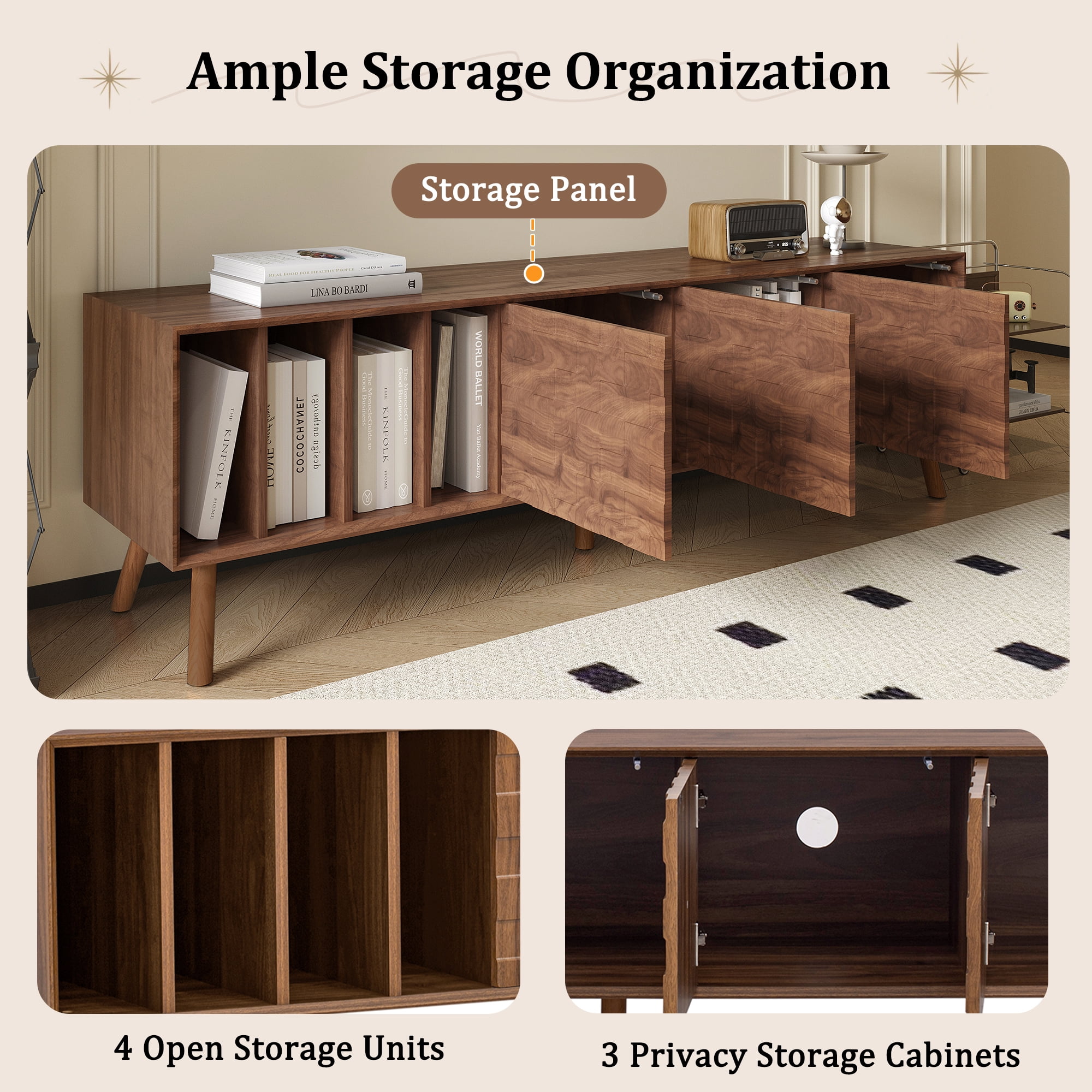 TV Stand for TVs up to 75 Inch, Mid-Century Modern Entertainment Center with 3 Cabinets & 4 Open Shelves, Media Console for Living Room