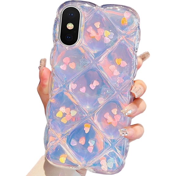 for iPhone Xs Max Case 6.5",Cute Laser Gradual Bling Love Heart Glitter Clear Translucent Card Soft Wave Frame Anti-Falling 3D Thick Shockproof Phone Cover for Women(for Xs Max 6.5")