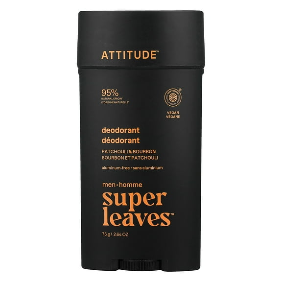 ATTITUDE Super Leaves™, Aluminum-Free Deodorant, For Men, Patchouli & Bourbon, 2.64 oz (75 g)