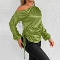 thumbnail image 5 of aidice T Shirts for Women Satin off Shoulder Long Puff Sleeve Side Drawstring Ruched Casual Shirts, 5 of 5