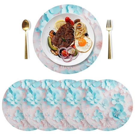 

Round Placemats Plate Mats 15 Inch Non-Slip Heat Resistant Washable PVC Set Table Decoration for Kitchen Dining Blue and White Paper Flower