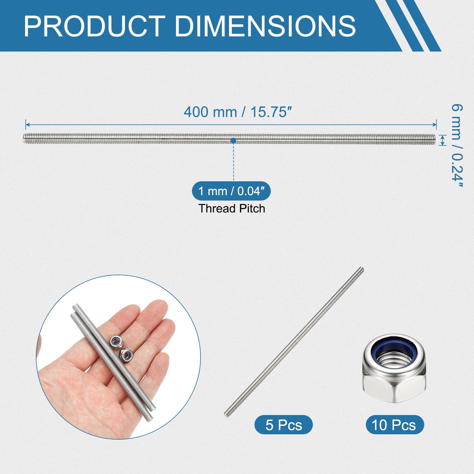 Uxcell Fully Threaded Rod, M6 x 400mm 304 Stainless Steel Right Hand Thread Bar Studs with Nuts, 5 Pcs