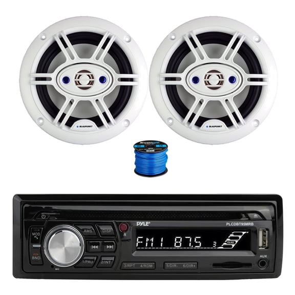 Pyle PLCDBT95 In Dash Bluetooth Marine AM/FM Radio CD Player Receiver , 2x 6.5" 240 Watt Max 4-Way Marine Outdoor Audio Speakers (White) w/Wire