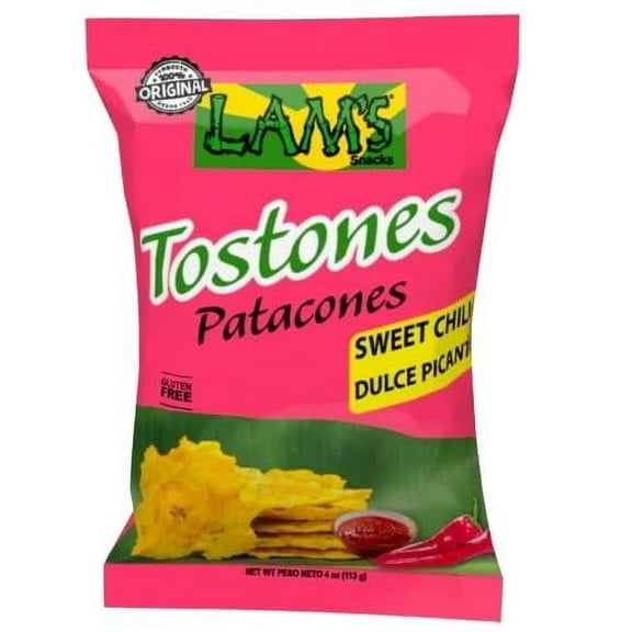 Lam's Tostones Sweet Chili, No Trans Fat, Gluten Free, 20 x 4 oz, Smashed Plantain Chunks, Thin and Crispy (Pack of 20, Sweet Chili)