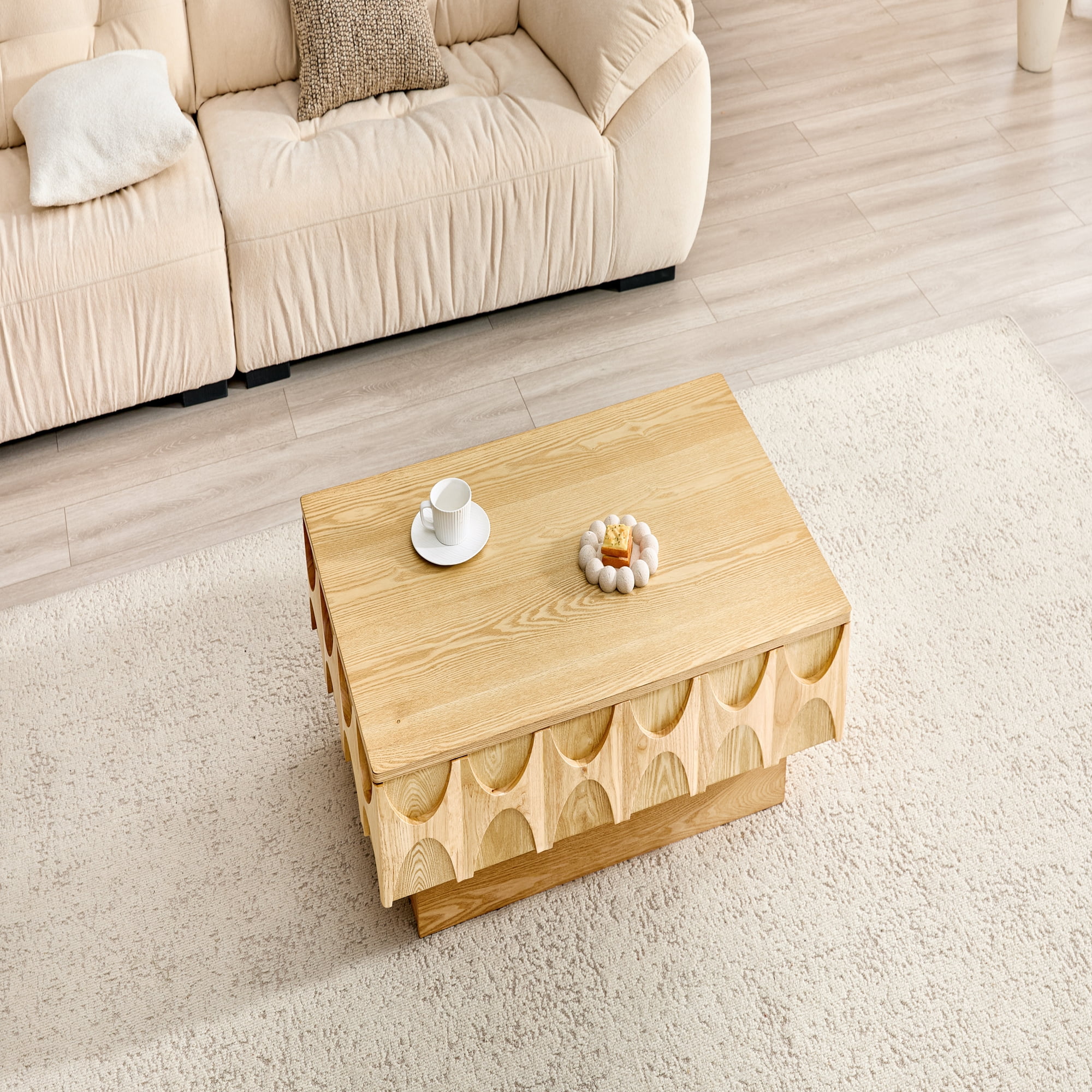 LKTART 38.6" Mid Century Modern Coffee Table with Sliding Top  Hidden Storage, Solid Wood Veneer Rectangle Center Table for Living Room Home, Natural