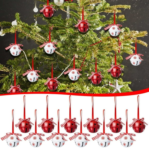 12Pcs Christmas Jingle Bells for Decoration in Red White, Jingle Bells with Star Cutouts Christmas Metal Bells, for Christmas Tree Decor Wreath Window Door Holiday Party Supplies (12Pcs)