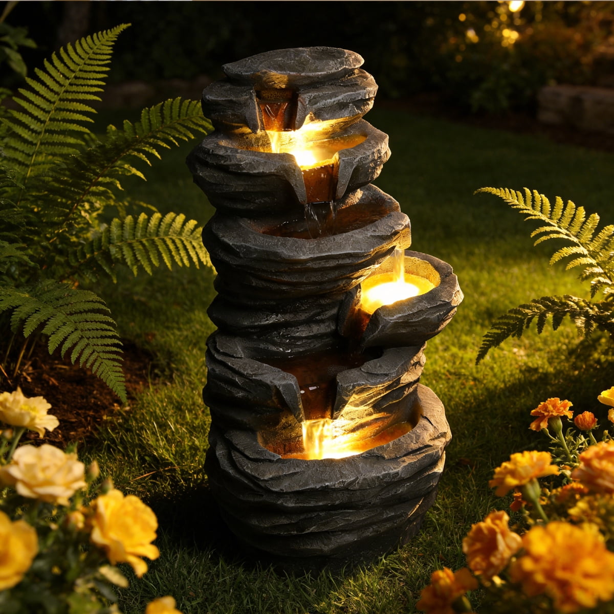 25.6" 4-Tier Stacked Rock Water Fountain with Warm LED Lights, Cascading Waterfall Fountain, Weather-Resistant Outdoor Decor for Patio, Garden & Backyard