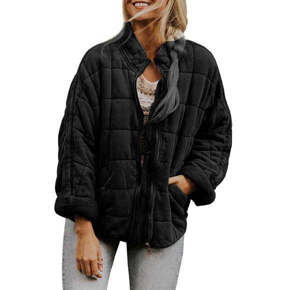 WIFORNT Women Stand Collar Quilted Jackets, Long Sleeve Solid Color Full Zip Padded Jackets