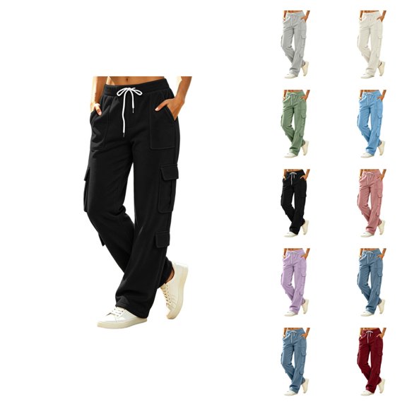 Cargo Sweatpants for Women Fall Winter Elastic Waist Drawstring Straight Leg Casual Pants with Pockets