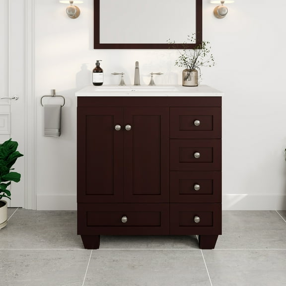 Eviva Acclaim 30"W x 22"D Teak Bathroom Vanity with White Carrara Quartz Vanity Top and Rectangular Undermount Sink