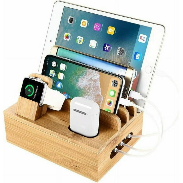 Bamboo Multi Device Charging Station with Ample Storage