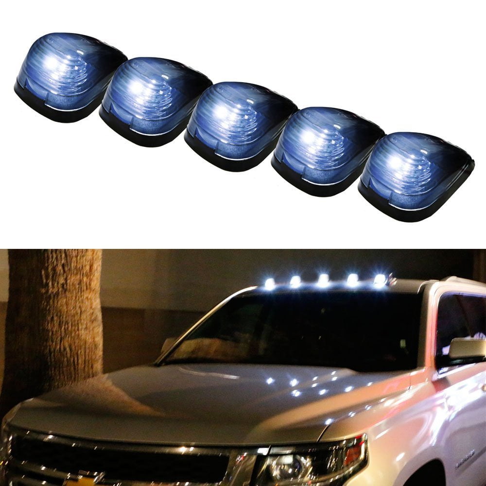 GLOFE 5X Black Smoke Lens Cab Roof Marker Running Lamps w/Blue LED Lights For Ford F150 F250 F350 F450 F550 F650 F750 E150 E250 E350 E450 1999-2016 Super Duty Pickup Trucks 