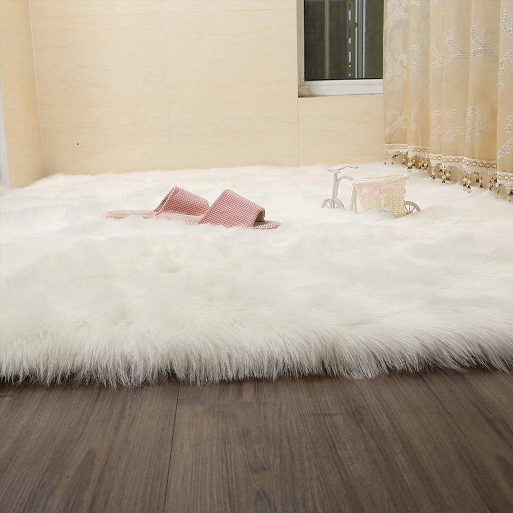 Soft White Shaggy Rugs Non Slip Bedroom Mats Fluffy Soft Faux Fur Sheepskin Rug 