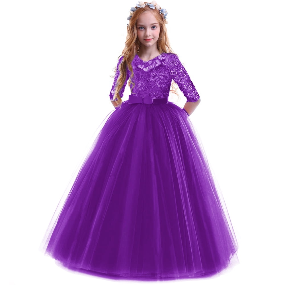 IBTOM CASTLE Flower Girls Long Floral Boho Lace Wedding Bridesmaid Dress 3/4 Sleeves Princess