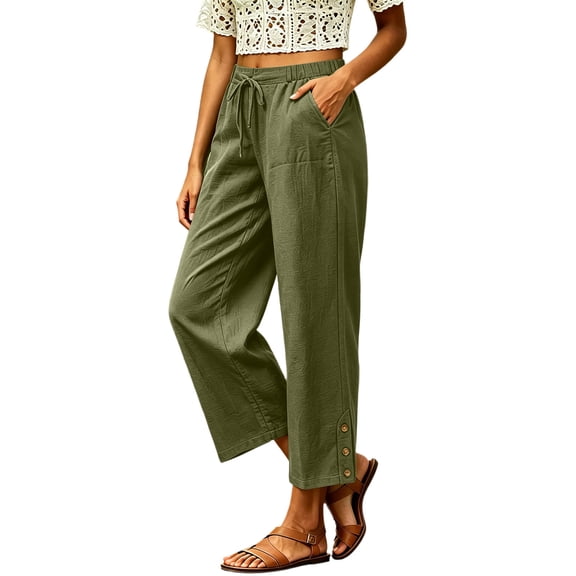 Oksale Lightweight Pants for Women Petite Breathable Cozy Elastic Waisted Cotton Linen Pants with Pockets Loose Straight Leg Ankle Summer Pants 2026 Army Green M