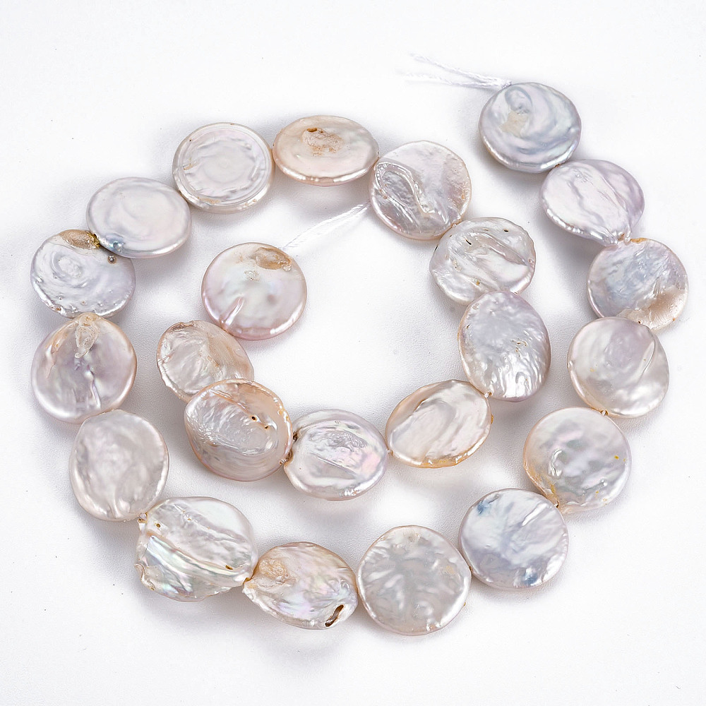 2strands Natural Keshi Pearl Beads Strands Cultured Freshwater Pearl Flat Round Seashell color 16~18x3~8mm Hole: 0.6mm about 22~23pcs/strand 14.57~15.35 inch(37~39cm)