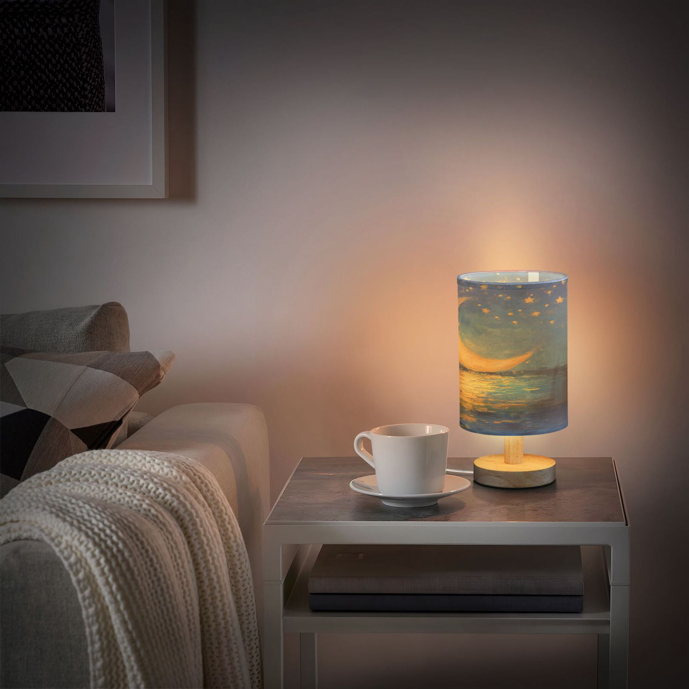 WOBOGO Moon Stars Oil Painting Pattern Bedroom Table Lamp USB Power Connector Wooden Base Round Linen Shade For Living Room Desk