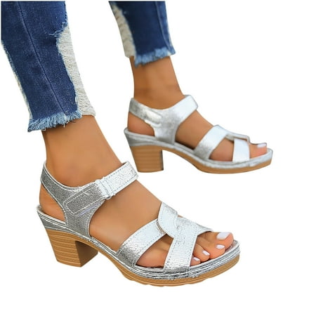 

Jacenvly 2024 New 24 Spring/Summer New High Heel Sandals with Open Toe Strap Large Sandals Silver Sandals for Women Clearance