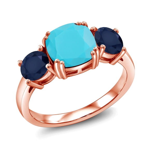 Gem Stone King 18K Rose Gold Plated Silver Green Turquoise and Blue Sapphire 3 Stone Engagement Ring for Women (3.20 Cttw, Gemstone, Cushion 8MM, Size 7)