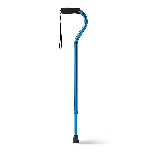 Medline Aluminum Offset Cane with Gel Grip, Lightweight Walking Cane for Adults, Ergonomic Comfort Handle, Adjustable Height, Slip Resistant Rubber Tip, Blue, 1 Count