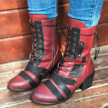 

Women s Winter Fashion Zip up Boots Ladies Outdoor Square Heels Shoes Red 6.5-7