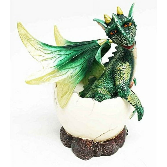 Smiling Green Baby Dragon Hatchling Emerging From Egg Sculpture Collectible