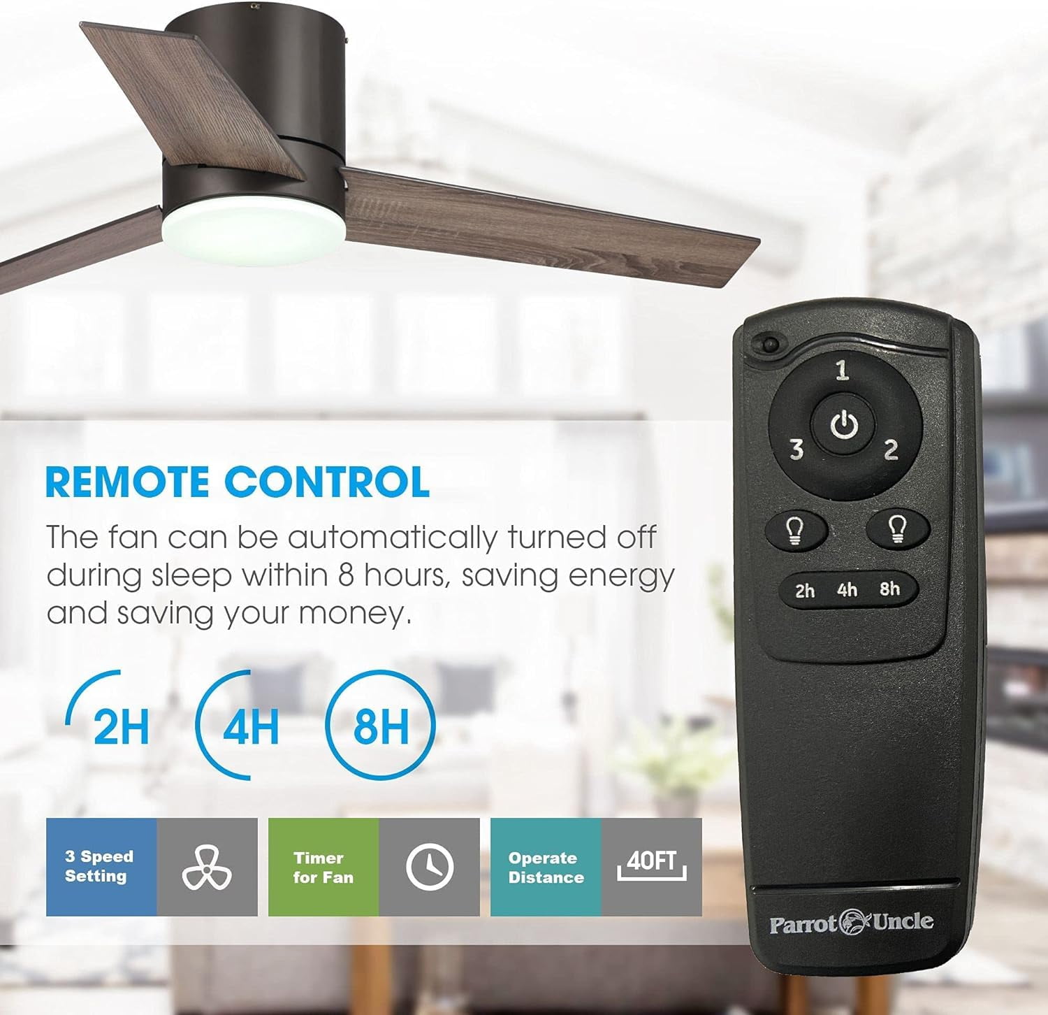 Parrot Uncle 48" Farmhouse Flush Mount Ceiling Fans with Lights and Remote, Low Profile Ceiling Fan with Light for Bedroom, Light Color Adjustable
